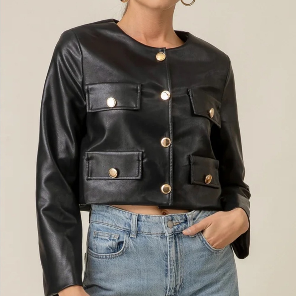 Line and dot Sonny collarless vegan leather jacket